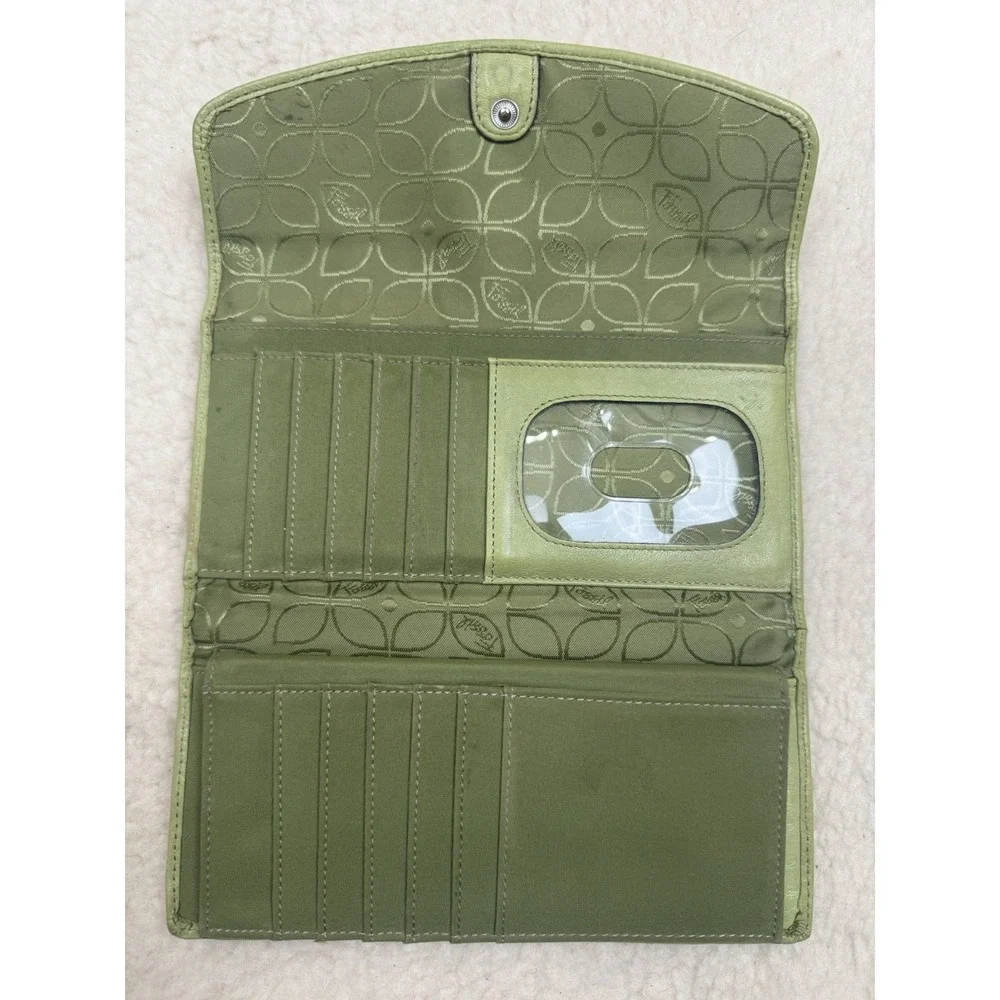Vintage Y2K Fossil Spring Green Leather Trifold Wallet Organizer Retro 2000s